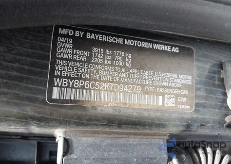 2019 BMW I3S 120Ah z USA, uszkodzony, nr VIN WBY8P6C52K7D94279